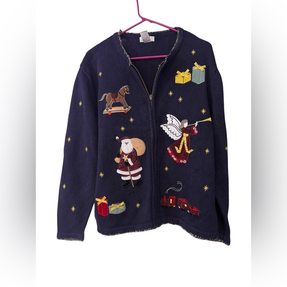 Christopher‎ & Banks Navy Blue Christmas Sweater XL Santa, Angel, Rocking Horse